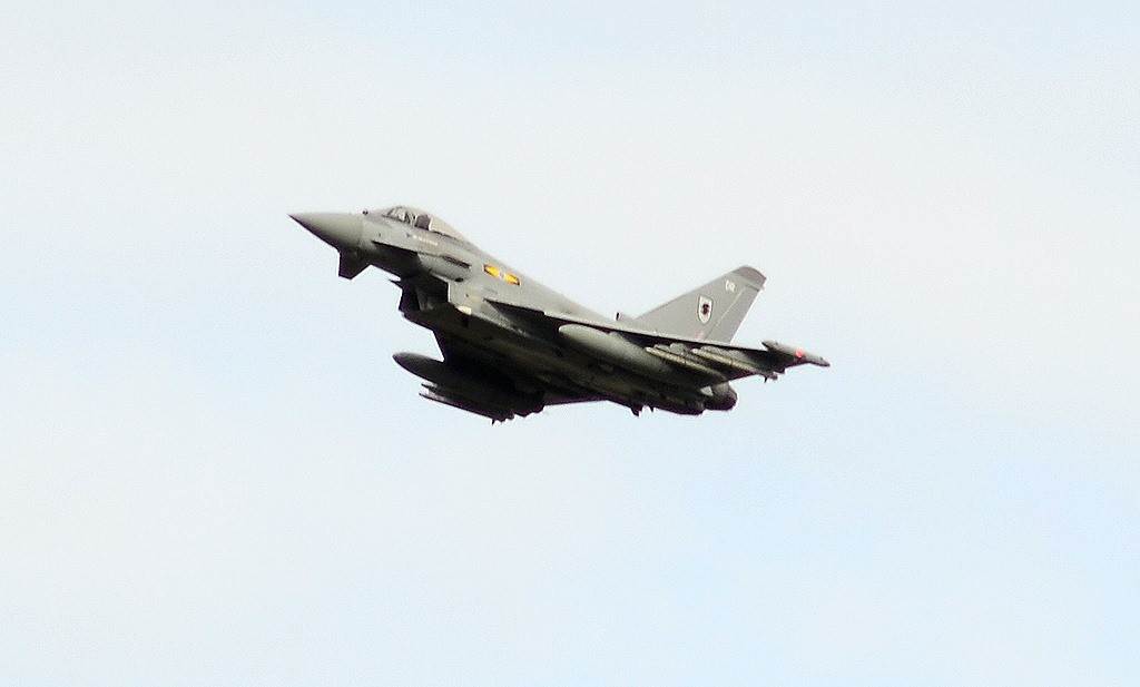RAF Typhoon overflies the runway after escorting D-BTLT into Cardiff Airport (Credit Ian Grinter)