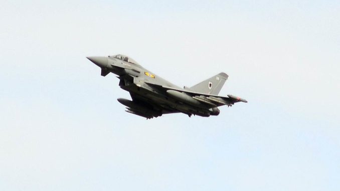 RAF Typhoon overflies the runway after escorting D-BTLT into Cardiff Airport (Credit Ian Grinter)