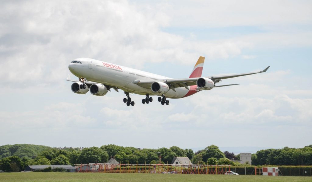 Iberia Airbus A340-600 landing at Cardiff Airport