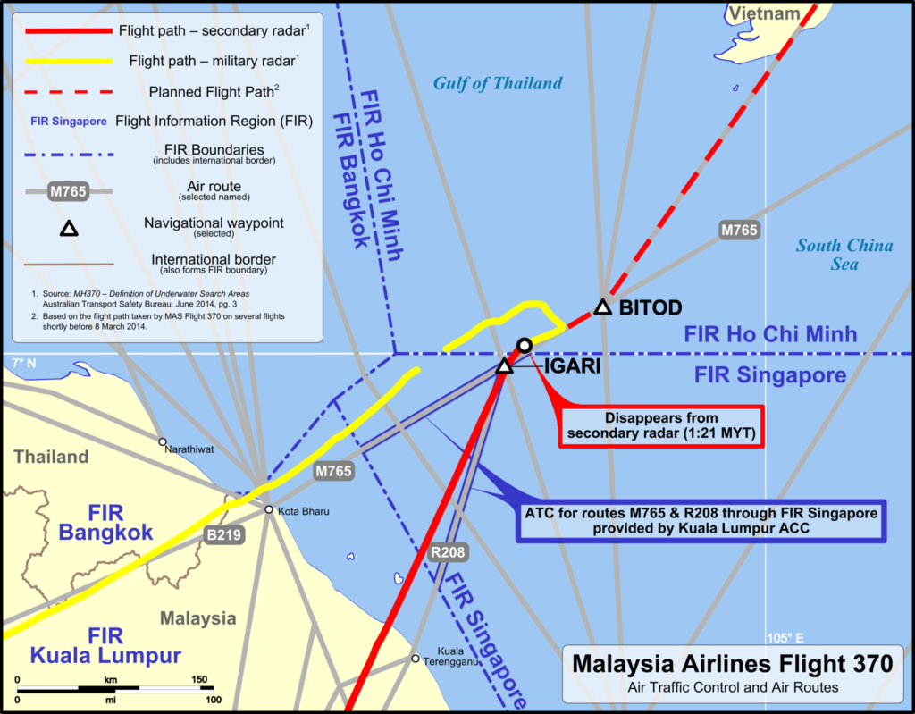 MH370 ATC and air routes map - Andrew Heneen [Attribution or CC BY 3.0 (http://creativecommons.org/licenses/by/3.0)], via Wikimedia Commons