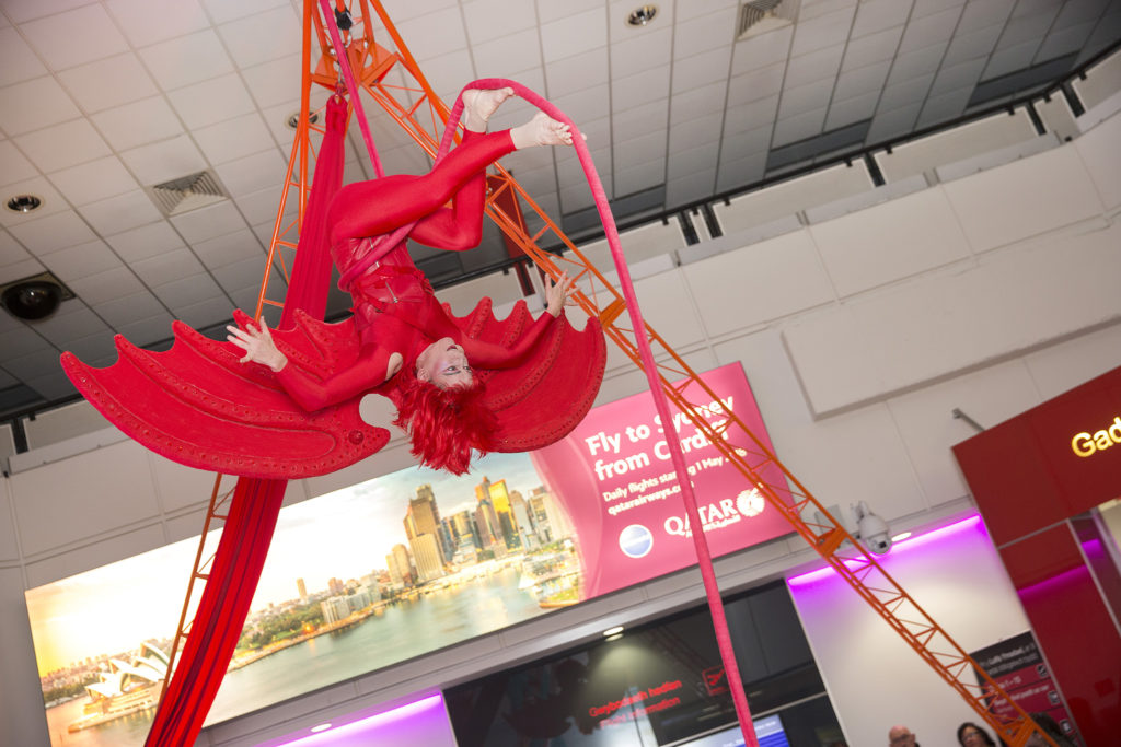 Organised Kaos Youth Circus performs at Cardiff Airport