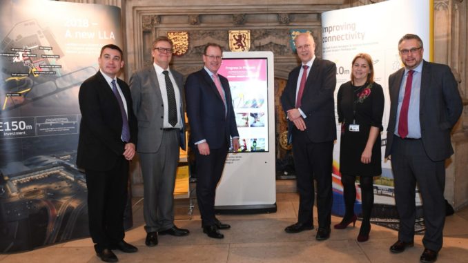 L-R Gavin Shuker MP Labour Luton South. Clive Condie Chairman LLA. Nick Barton CEO LLA. Chris Grayling MP Secretary State for Transport. Baroness Sugg Aviation Minister. Steve Double MP Transport