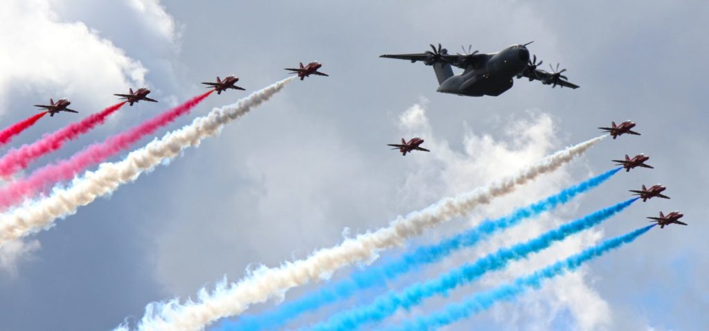 The Red Arrows in formation with an Airbus A400M (Image: Max Thrust Digital)