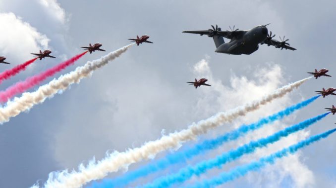 The Red Arrows in formation with an Airbus A400M (Image: Max Thrust Digital)