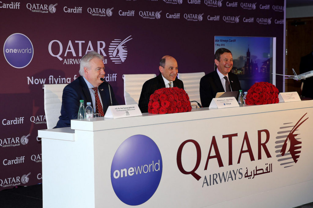 L-R First Minister Carwyn Jones, Qatar CEO HE Mr Al Baker, Cardiff Airport Chairman Roger Lewis