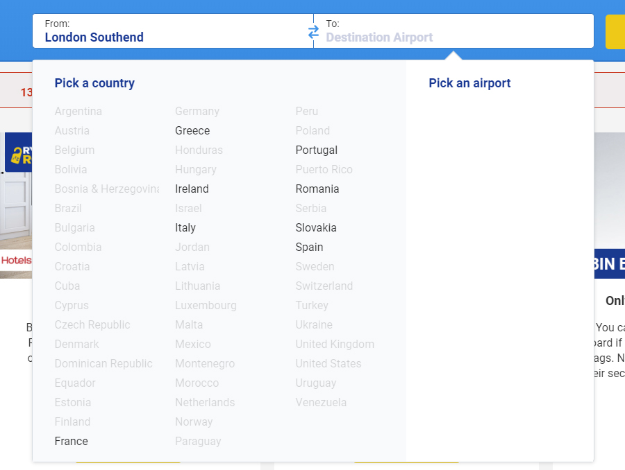 Ryanair's destinations from Southend