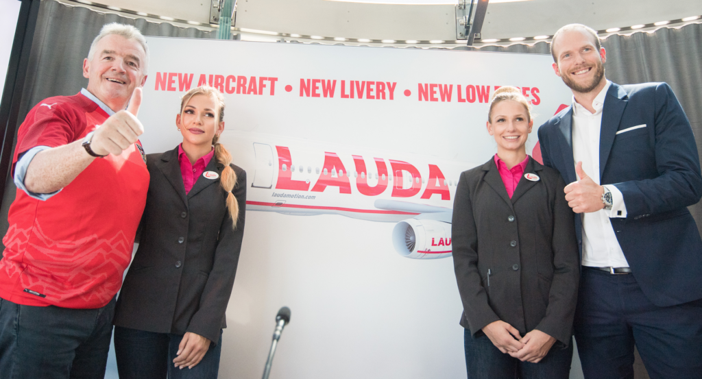 Ryanair CEO, Michael O’Leary with Laudamotion's Michelle Capelli, Melanie Brunner and Andreas Gruber (Laudamotion CEO)