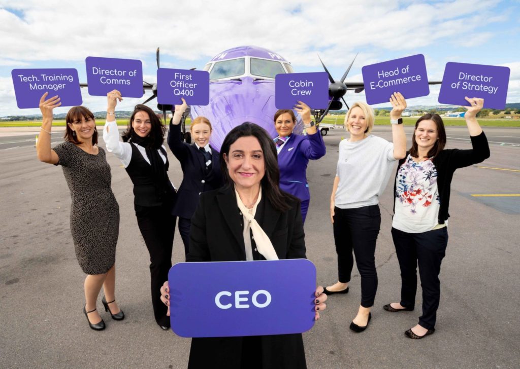 Christine Ourmières-Widener, the CEO of Flybe (centre), launches the new FlyShe programme with just some of her many female colleagues