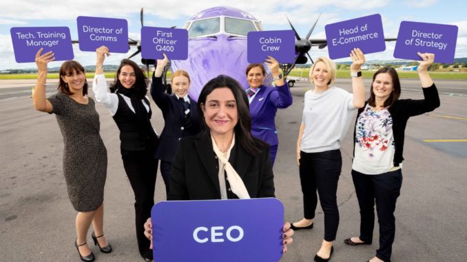 Christine Ourmières-Widener, the CEO of Flybe (centre), launches the new FlyShe programme with just some of her many female colleagues