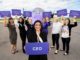 Christine Ourmières-Widener, the CEO of Flybe (centre), launches the new FlyShe programme with just some of her many female colleagues