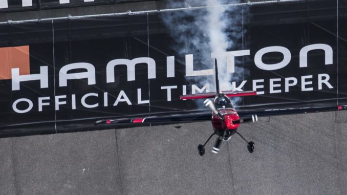 Ben Murphy of Great Britain performs during the finals at the seventh round of the Red Bull Air Race World Championship at Indianapolis Motor Speedway, Indianapolis, Indiana, United States on October 7, 2018.