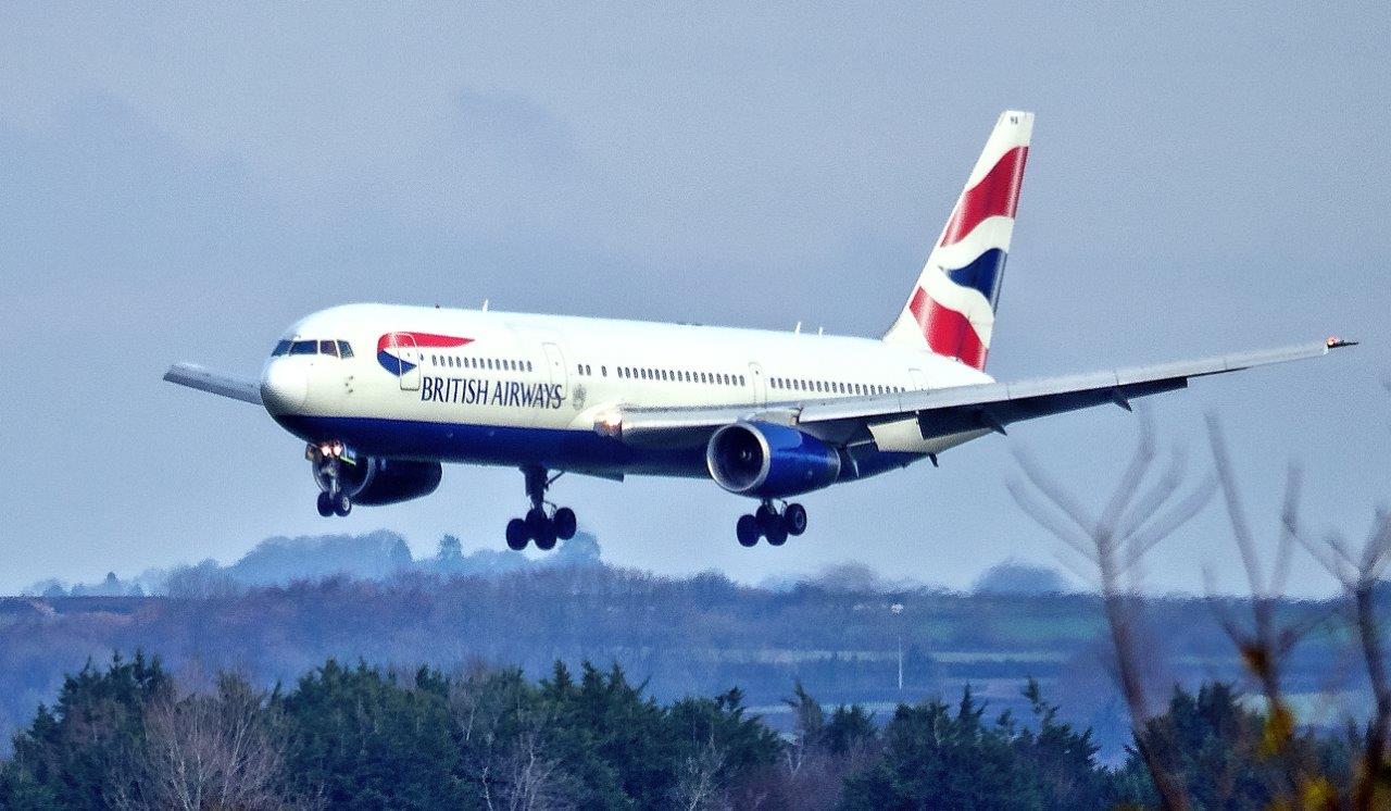 One of the two British Airways Boeing 767 on approach to St Athan earlier today (Image: Philip Dawson)