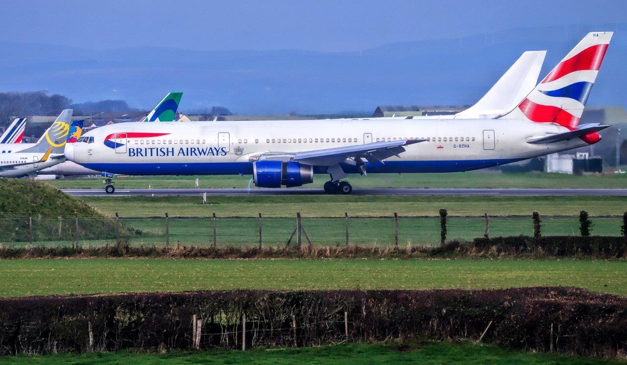 One of the two British Airways Boeing 767 lands at St Athan earlier today (Image: Philip Dawson)