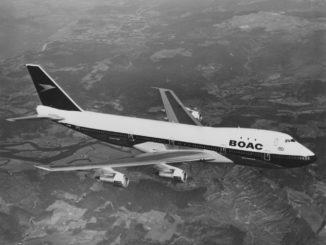 A Boeing 747 long-range wide-body four engined commercial jet airliner for the BOAC - British Overseas Airways Corporation flying above the United Kingdom on 7 April 1971. (Photo by Fox Photos/Hulton Archive/Getty Images).