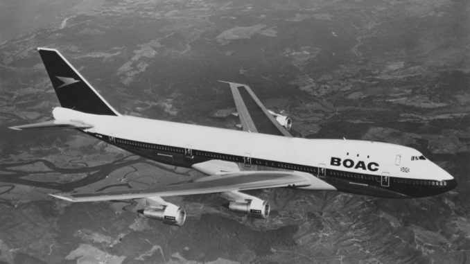 A Boeing 747 long-range wide-body four engined commercial jet airliner for the BOAC - British Overseas Airways Corporation flying above the United Kingdom on 7 April 1971. (Photo by Fox Photos/Hulton Archive/Getty Images).