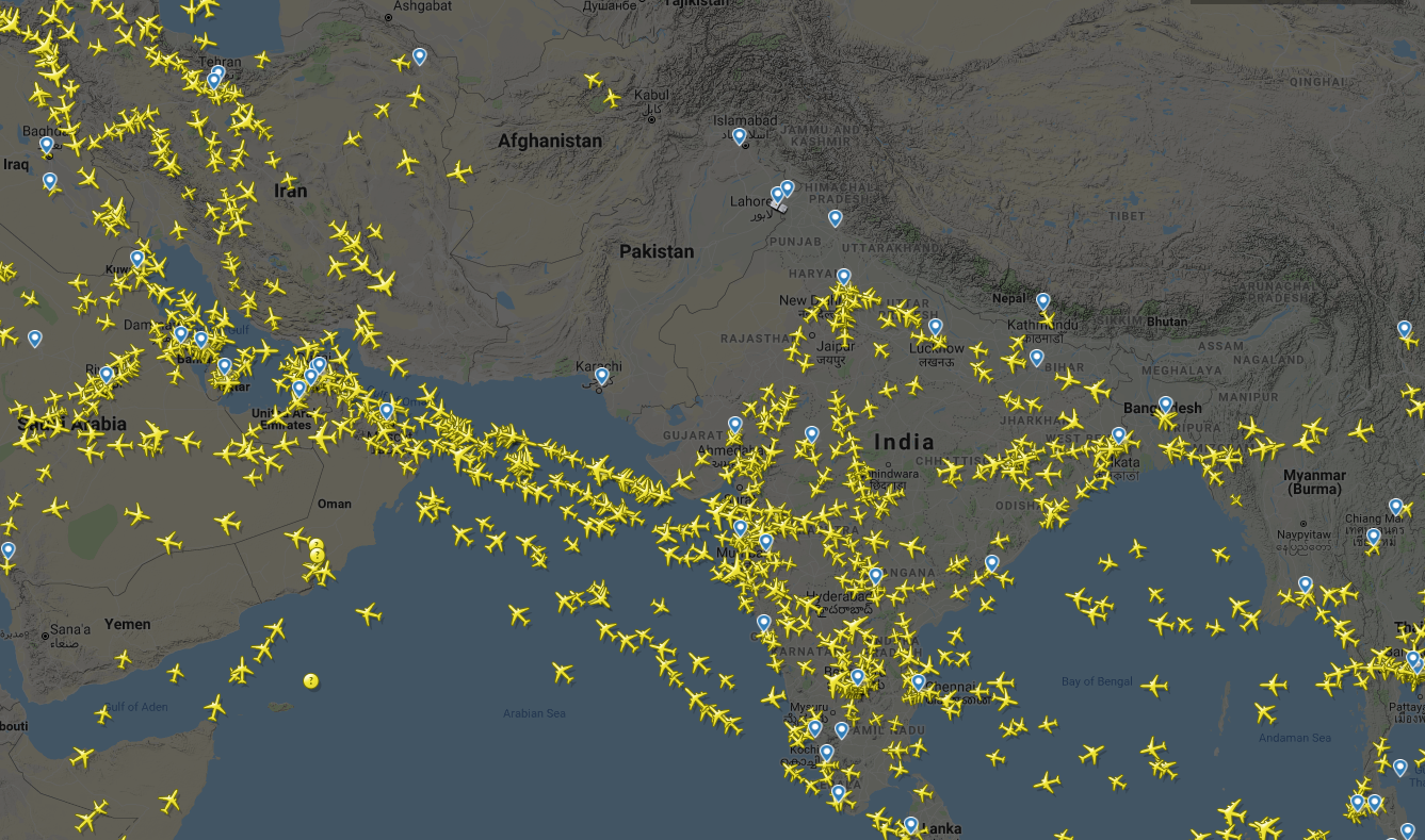 Flight tracking apps like Flightradar24 show aircraft are routing south of the Indo-Pakistan region amid rising tensions