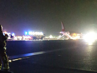 Twitter user Sam Long posted this image of the Laudamotion Airbus being evacuated (Image: Twitter/@Slongy20)