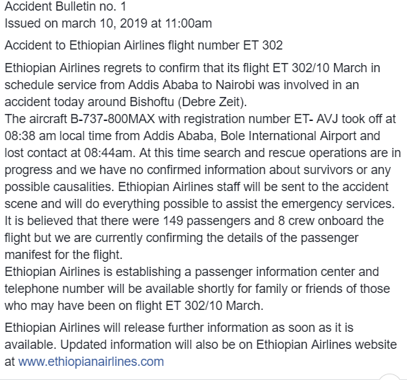 Ethiopian ET302 Statement