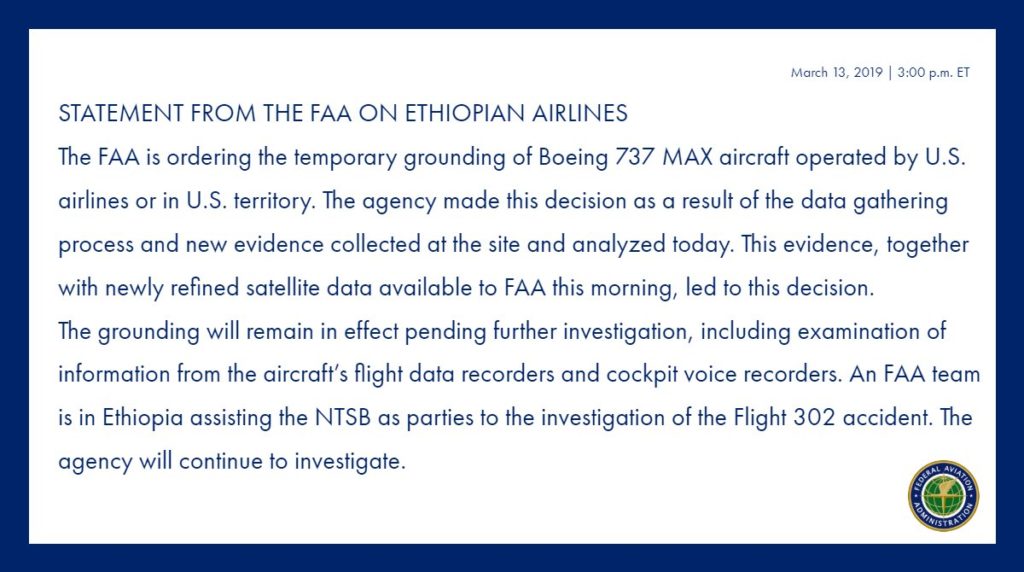 FAA Statement on Boeing 737 Max 8