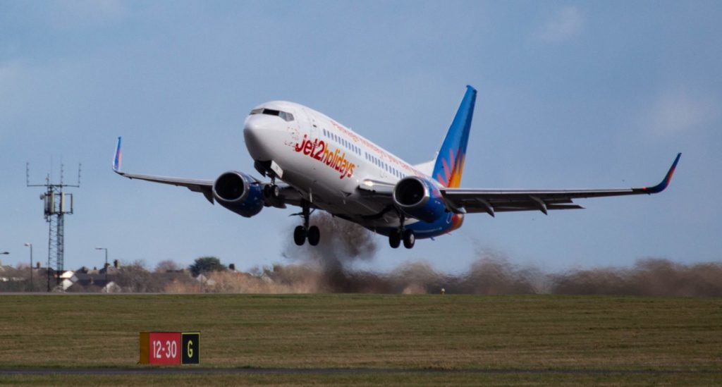 Jet2 Boeing 737 G-GDFB on a charter flight at Cardiff Airport