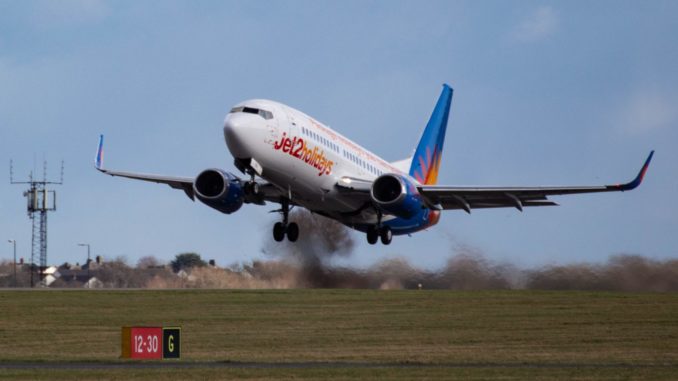 Jet2 Boeing 737 G-GDFB on a charter flight at Cardiff Airport