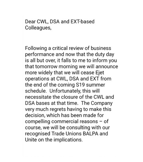 Flybe notice to staff about bases at Cardiff and Doncaster closing