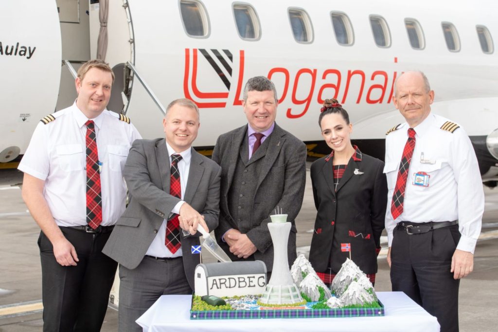 Loganair First Officer Richard King, Loganair Managing Director Jonathan Hinkles, Edinburgh Airport Chief Executive Gordon Dewar, Loganair Cabin Crew Melissa Rowlands, Loganair Captain Christopher Barden