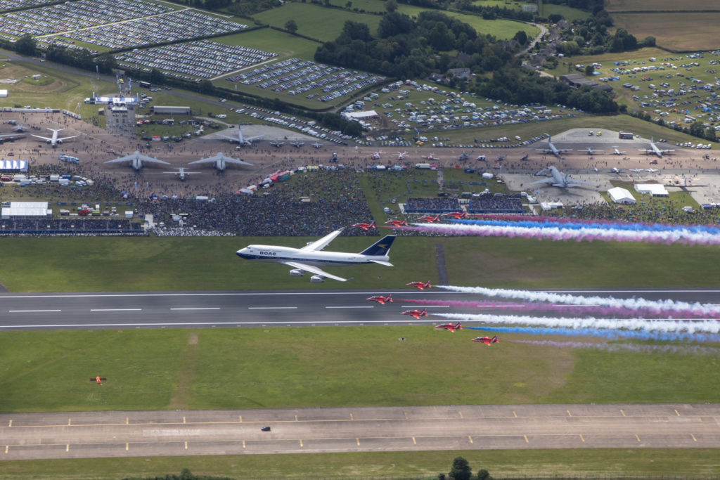 The Royal Air Force Aerobatic team, the Red Arrows, and a British Airways Boeing 747 delighted the crowds with a flypast at this year’s Royal International Air Tattoo at RAF Fairford. The Boeing 747 has been painted in the airline’s predecessor British Overseas Airways Corporation (BOAC) livery to mark British Airways’ centenary this year. This weekend, the Red Arrows are performing in the UK for the final time this season – before embarking on their biggest-ever tour of North America. Imagery taken from Red 10’s aircraft piloted by Red 10, Sqn Ldr Adam Collins with Circus 10, Cpl Ashley Keates, Photographer in the rear seat.