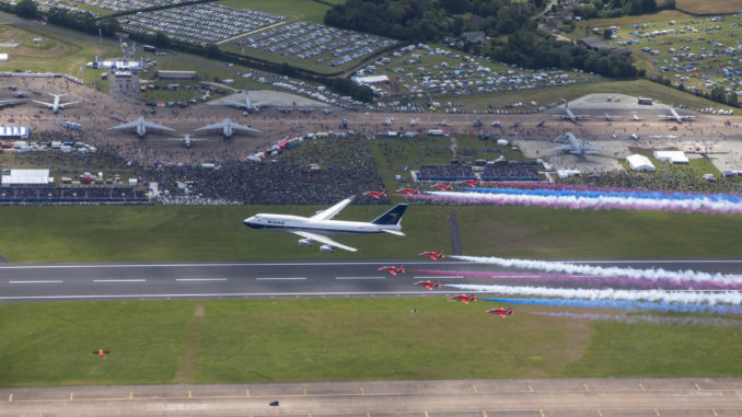 The Royal Air Force Aerobatic team, the Red Arrows, and a British Airways Boeing 747 delighted the crowds with a flypast at this year’s Royal International Air Tattoo at RAF Fairford. The Boeing 747 has been painted in the airline’s predecessor British Overseas Airways Corporation (BOAC) livery to mark British Airways’ centenary this year. This weekend, the Red Arrows are performing in the UK for the final time this season – before embarking on their biggest-ever tour of North America. Imagery taken from Red 10’s aircraft piloted by Red 10, Sqn Ldr Adam Collins with Circus 10, Cpl Ashley Keates, Photographer in the rear seat.