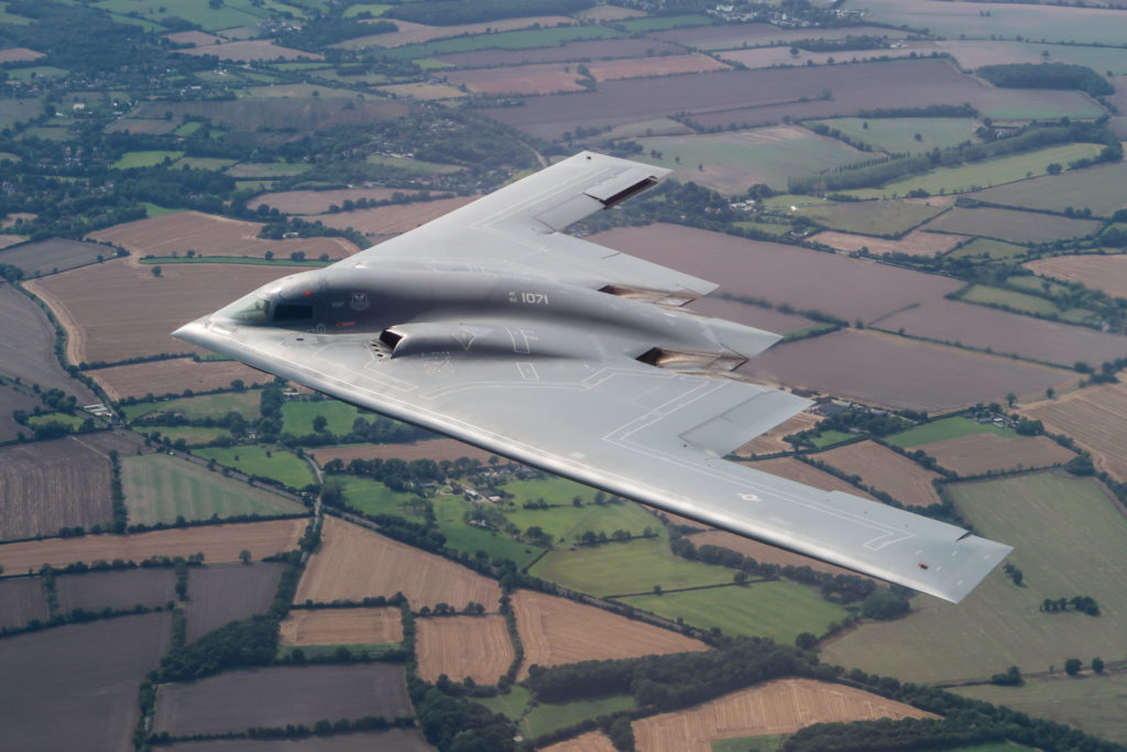 A United States Air Force B2 Spirit, currently deployed to RAF Fairford in Gloucestershire, flies above the English countryside near Dover. - Imagery captured by a USAF Exchange Pilot.