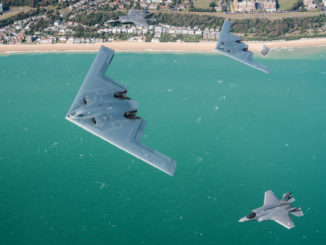 A United States Air Force B2 Spirit, currently deployed to RAF Fairford in Gloucestershire, flies above the English countryside near Dover with two RAF F-35 jets. For the first time, UK F-35 Lightning jets have been conducting integration flying training with the B-2 Spirit stealth bombers of the United States Air Force as part of their deployment to RAF Fairford in Gloucestershire, UK. The USAF deployment of the B-2’s from the Bomber Task Force Europe is long-planned. Whilst deployed to the UK the aircraft will conduct a series of training activities in Europe. During this deployment, RAF F-35B Lightning fighters are conducting sorties with the USAF B-2 bombers. Both are 5th generation aircraft and this is the first time that USAF B-2’s have trained with non-US F-35’s. RAF Fairford routinely hosts deployments and exercises by US strategic aircraft. These regular deployments reinforce the US Air Force Europe and the Royal Air Force’s unique and complementary partnership and our collective contribution to NATO. Imagery captured by a USAF Exchange Pilot.