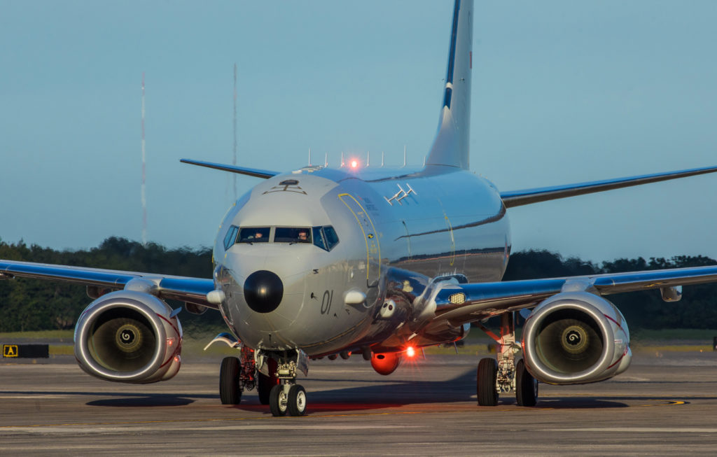 Image shows the first RAF P-8A Poseidon taxiing to it's parking bay after landing at NAS Jacksonville. © Crown copyright 2019