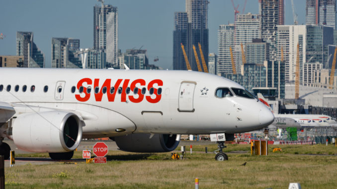 A Swiss Airbus A220 seen at London City Airport (Image: Max Thrust Digital)