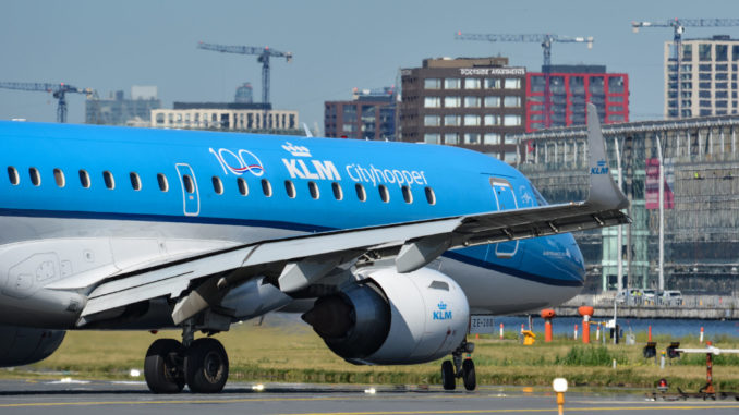 KLM Embraer wearing the KLM 100 logo (Image: Max Thrust Digital)