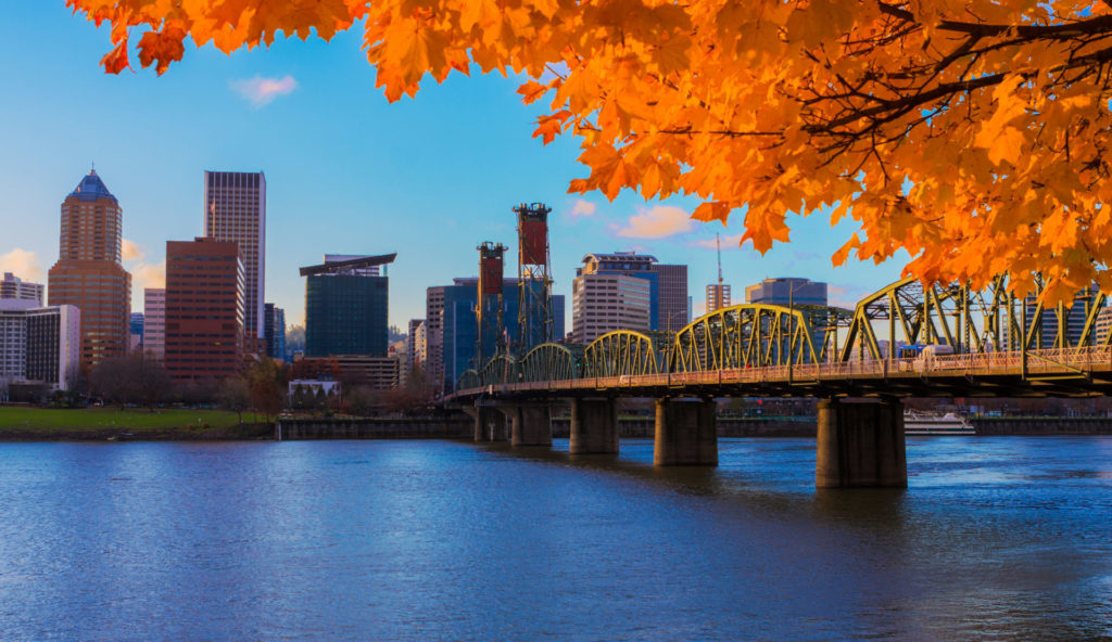 View of Portland, Oregon overlooking the willamette river on a Fall Afternoon