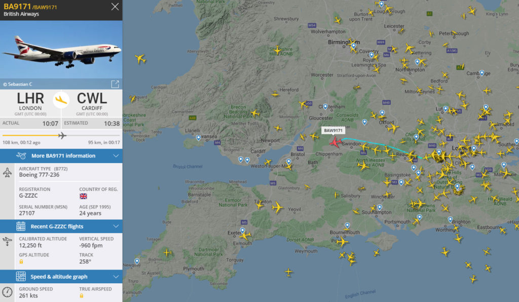This screenshot from FlightRadar24 shows G-ZZZC on her way to South Wales