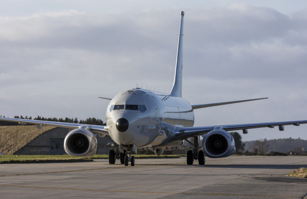 The P-8A Poseidon taxi's towards it parking slot at Kinloss. (© Crown Copyright 2020)