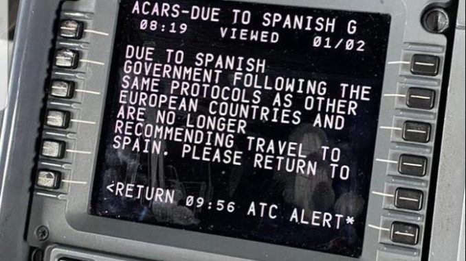 An ACARS message reportedly from a Jet2 flight to Spain although this has not been verified.