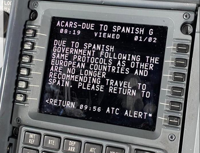 An ACARS message reportedly from a Jet2 flight to Spain although this has not been verified.