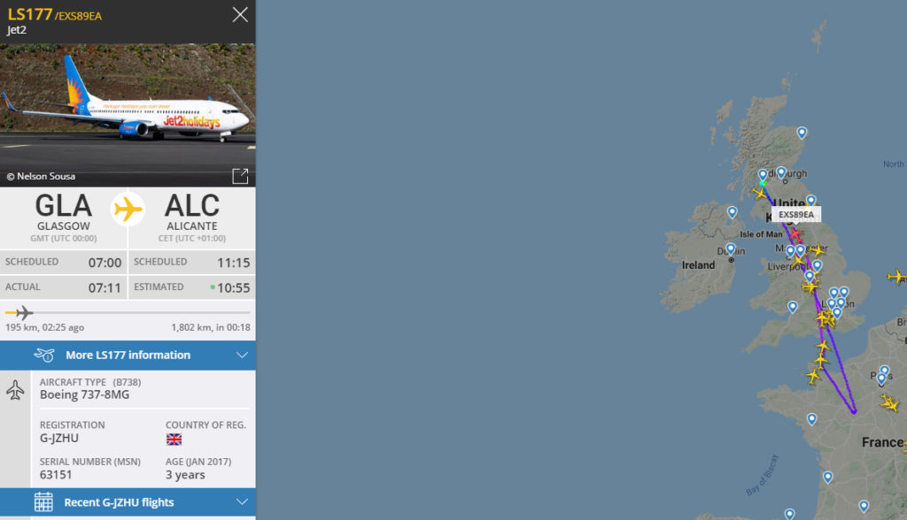 Jet2 flights turning back to the UK from Spain (FlightRadar24)