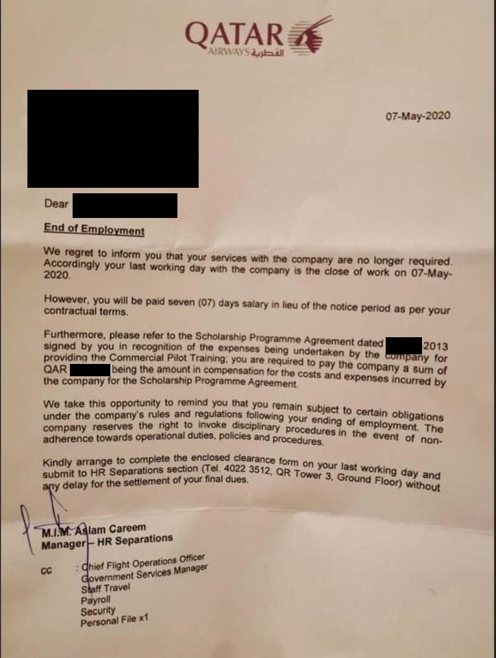 Qatar Airways Letter, redacted to protect identities.