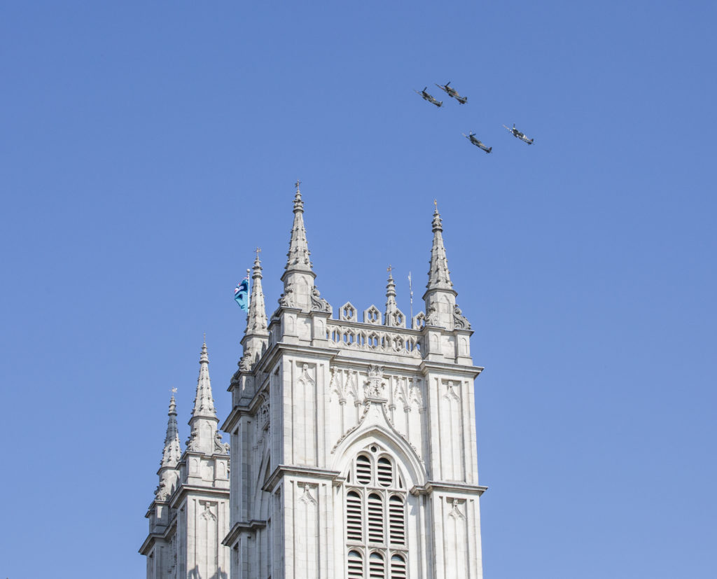 Photogaphed here the Battle of Britain flypast from the Battle of Britain Memorial Flight over Westminster Abbey. ©2020 Crown  Copyright