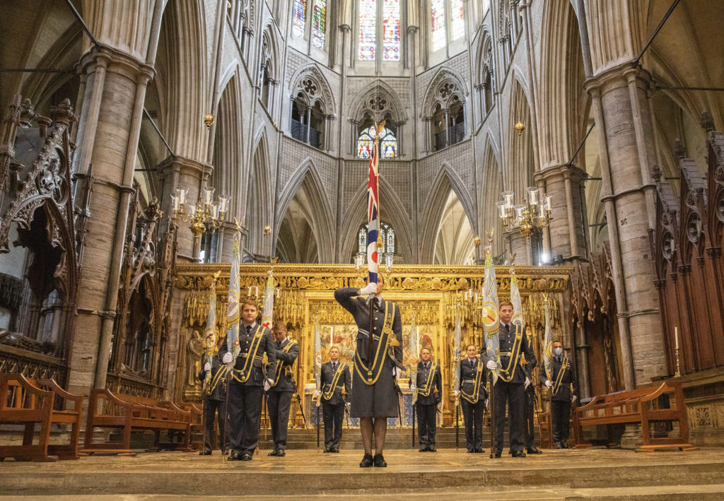 Image shows the Standard bearers formed up on the alter at the Battle of Britain Service at Westminster Abbey. ©Crown Copyright