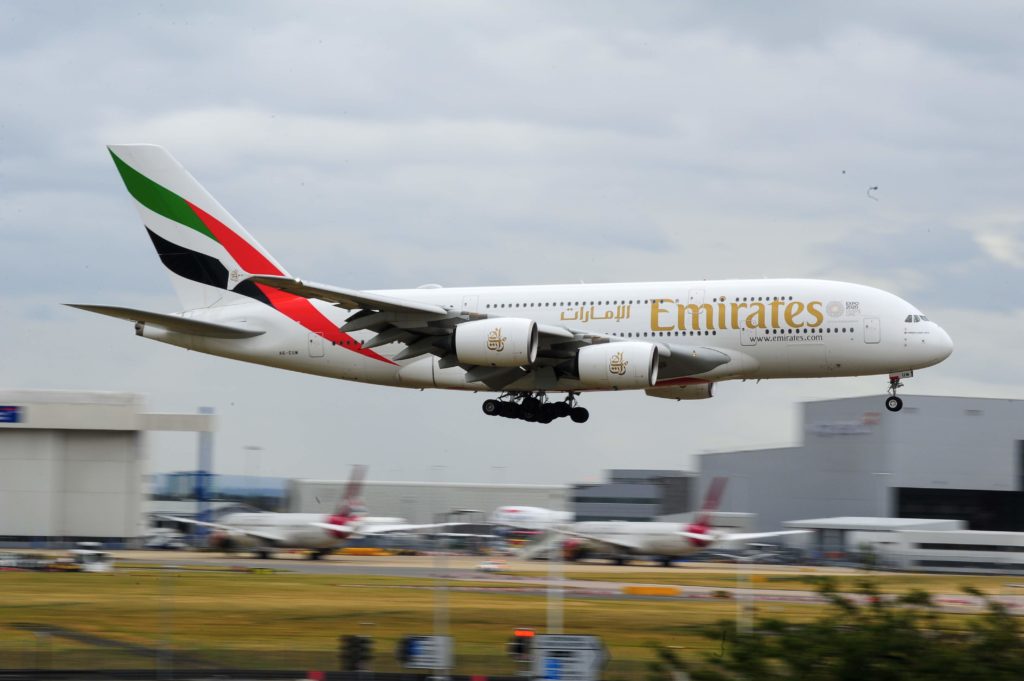 Emirates A380 landing at London's Heathrow Airport