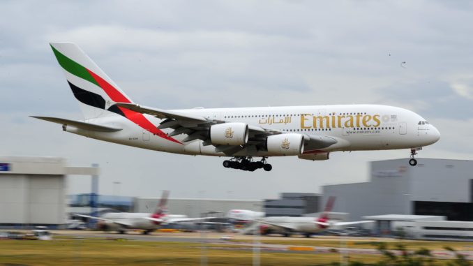 Emirates A380 landing at London's Heathrow Airport