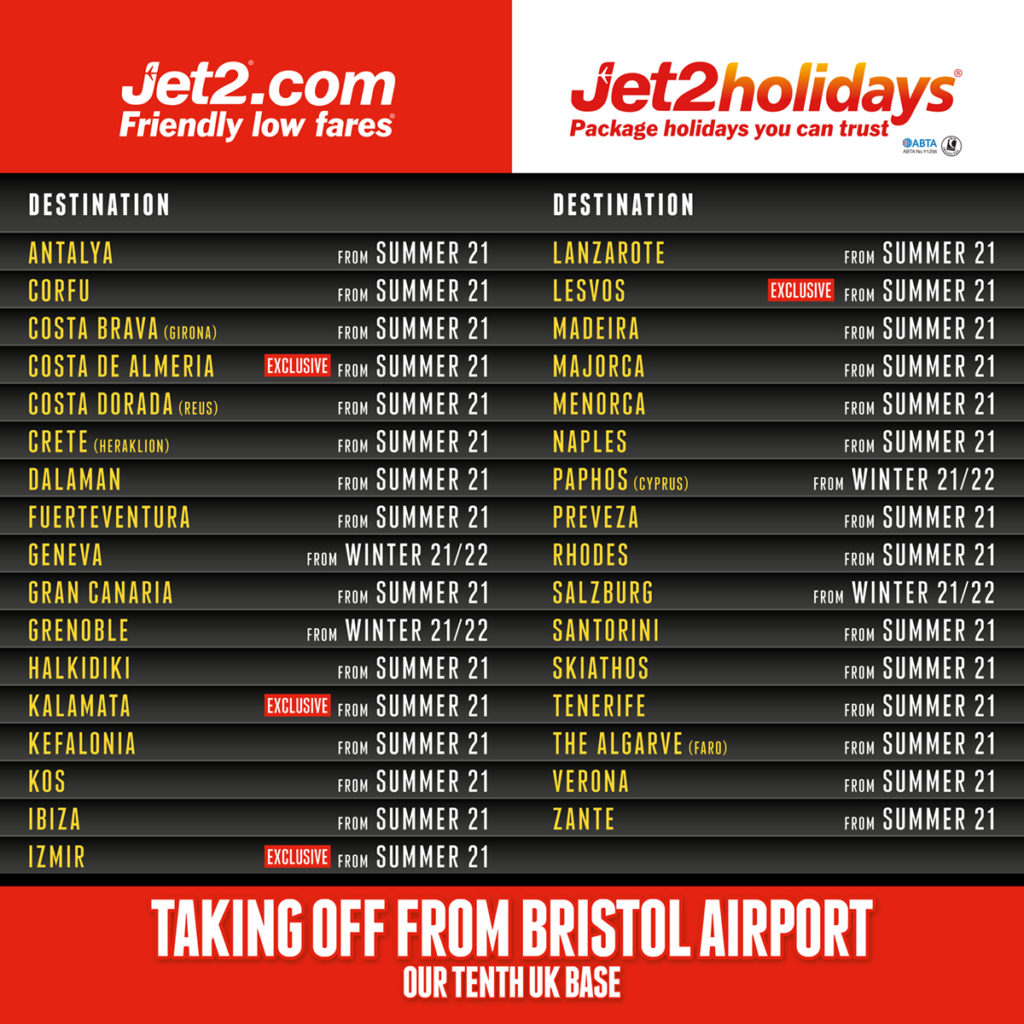 Jet2.com and Jet2holidays announces take off from Bristol Airport for Summer 2021- Destination Board