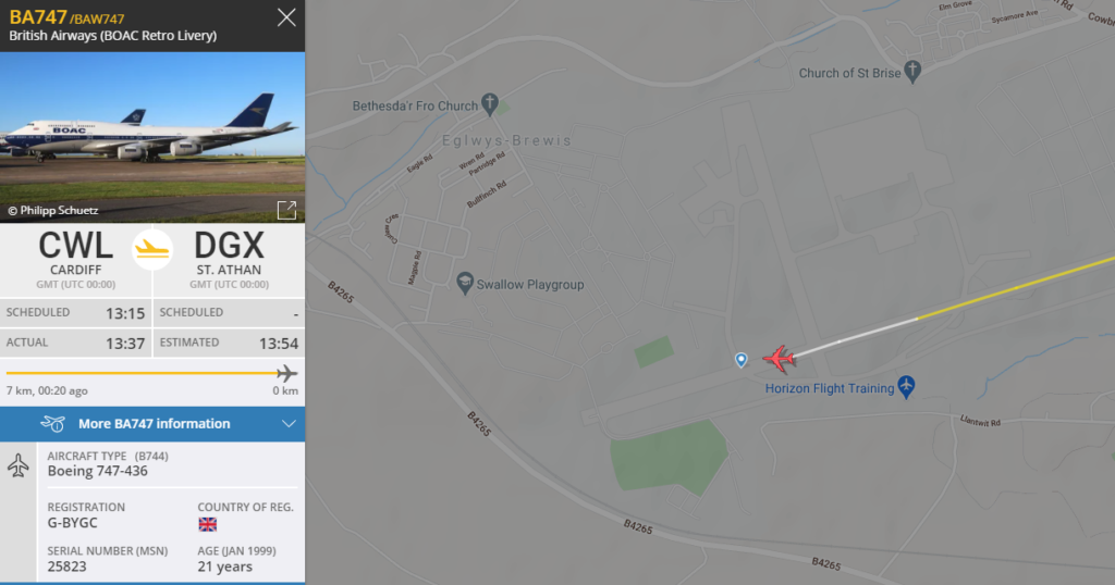 BA747 Safely at St Athan (as seen on Flightradatr24)