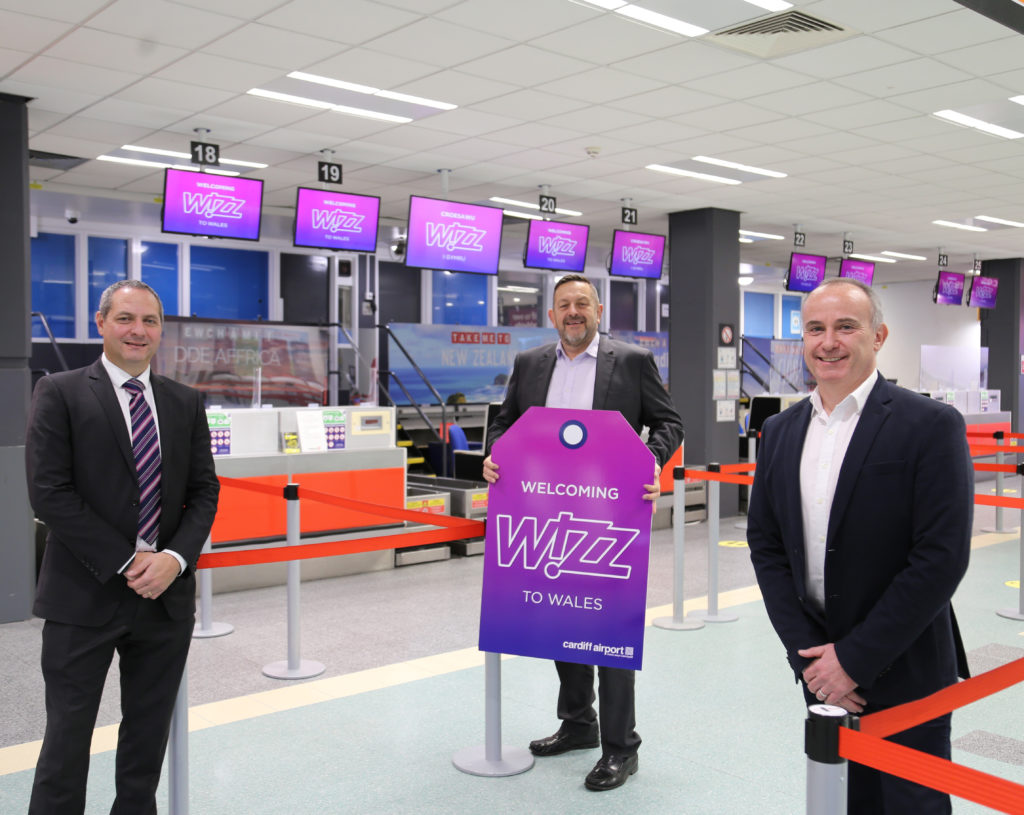 L-R Spencer Birns, Interim CEO, Cardiff; Airport; Wayne Harvey, Chairman, Cardiff Airport; Owain Jones, Managing Director, Wizz Air UK 