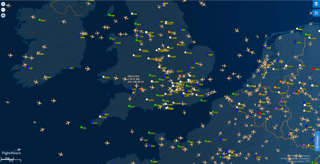 A typical flight tracking scene from FlightAware