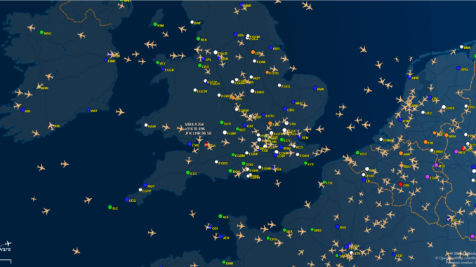 A typical flight tracking scene from FlightAware